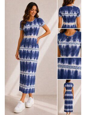 Anthropologie SP Blue Tie Dye Knit Midi Maxi Dress Petite Women Bodycon